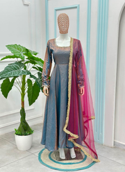 Designer Sindoor Silk Anarkali Gown Set – Mirror Lace with Dupatta & Bottom 3