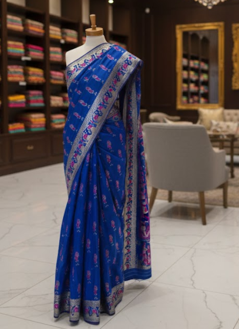 Royal Blue Sharnachura Silk Saree – Zari Work with Blouse Piece