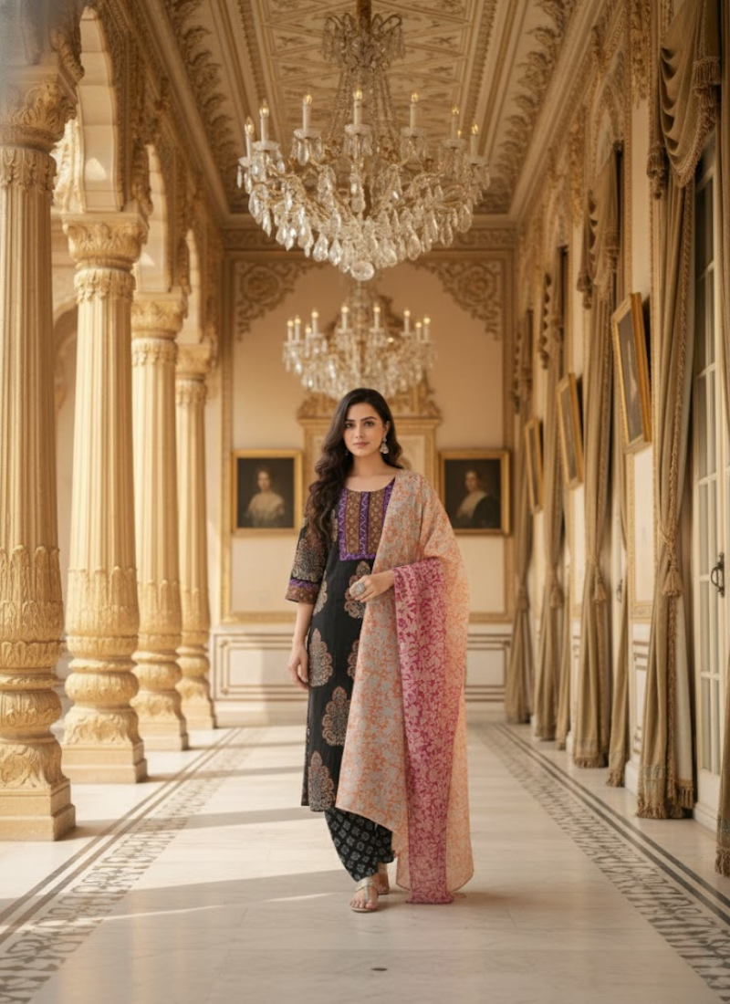 Cotton Block Printed Salwar Suit – Black & Orange