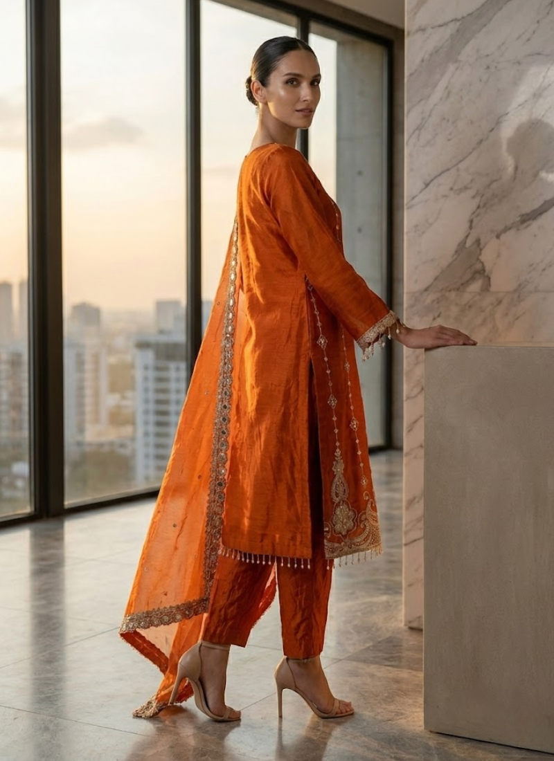 Punjabi Suit in Fendy Silk with Thread & Sequins Embroidery + Cutwork Dupatta