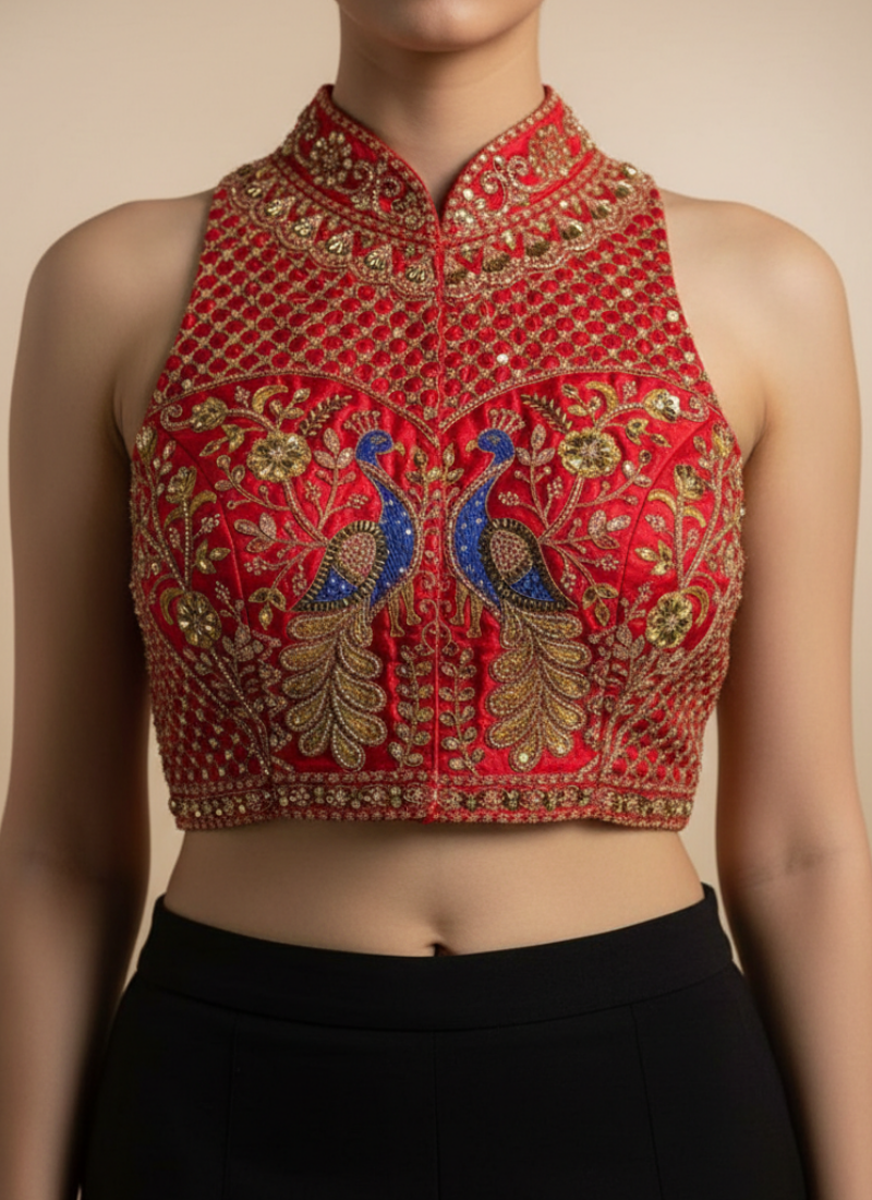 Peacock Silk Party Blouse with Hand Work