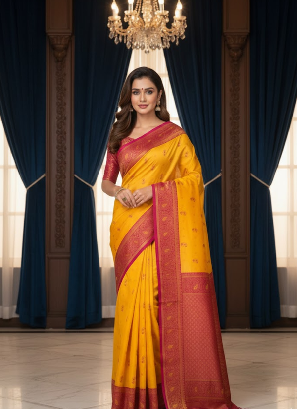 Bright Yellow Katan Silk Saree – Mina Work
