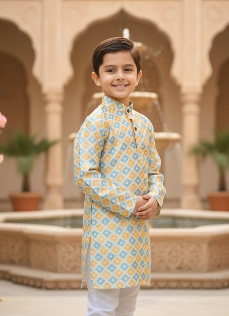 Kids Kurta Pajama – Multicolor Silk Kurta with White Cotton Pyjama