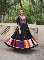 Roman Fabric Anarkali Dress with Multicolour Thread & Gota Lace Work 5