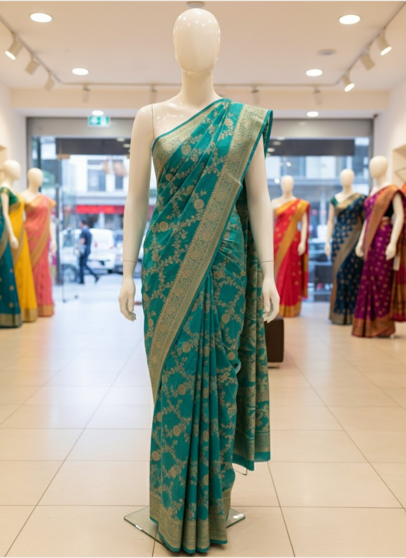 Dual Shaded Green & Gold Katan Silk Saree with Blouse