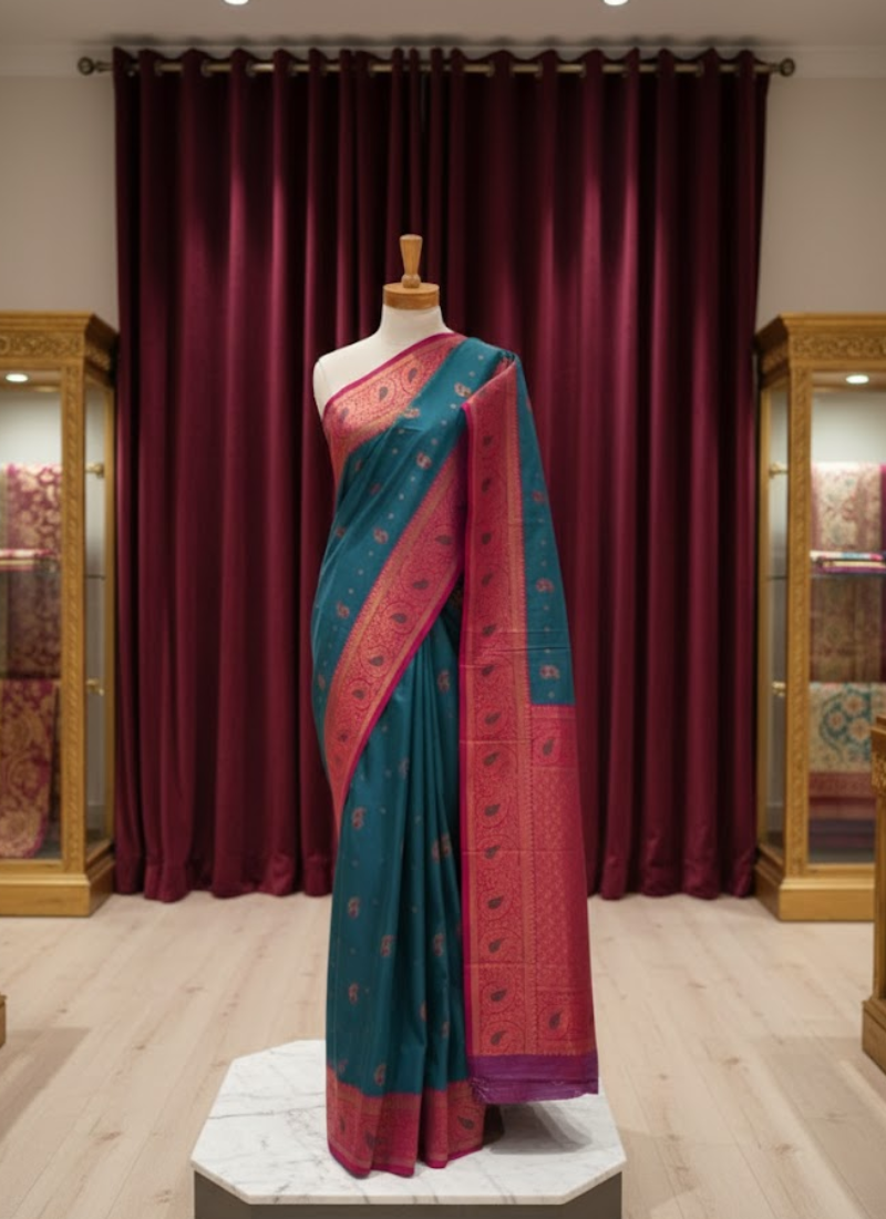 Sea Green Katan Silk Saree – Mina Work & Magenta Border