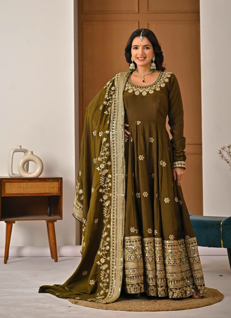 Vichitra Silk Anarkali Gown with Sequins Embroidery + Pant & Dupatta