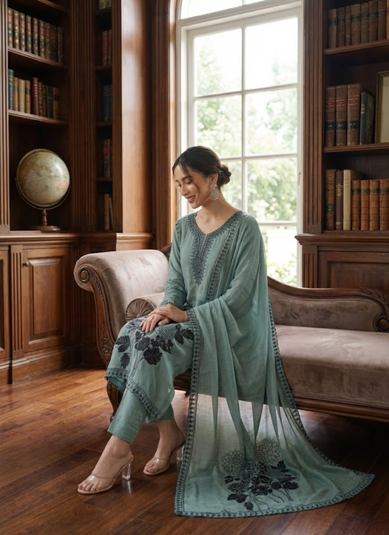 Pest Color Maslin Salwar Suit with Black Thread Embroidery