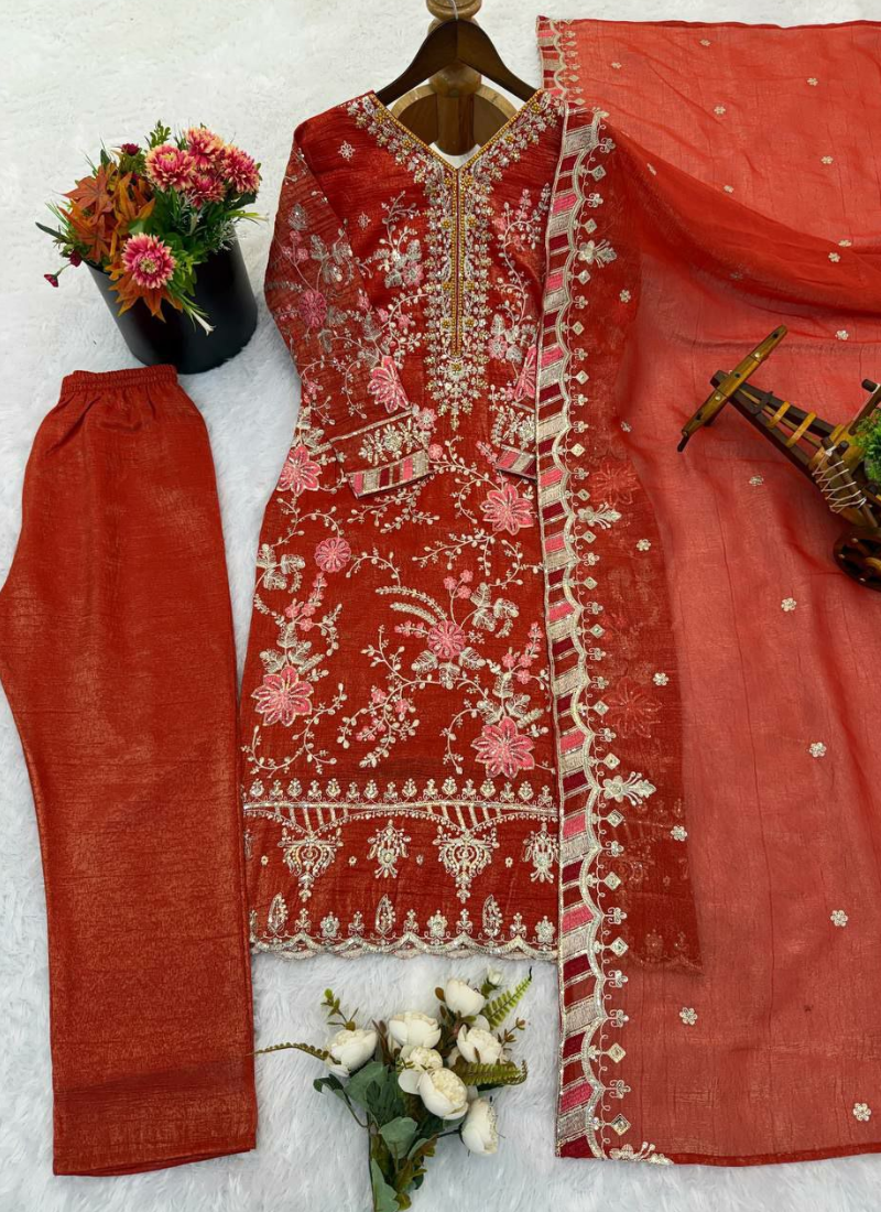 Crunchy Silk Punjabi Straight Suit with Heavy Embroidery + Dupatta