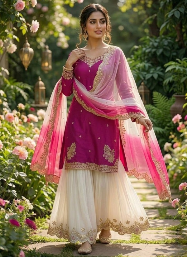 French Crepe Salwar Suit with Organza Dupatta