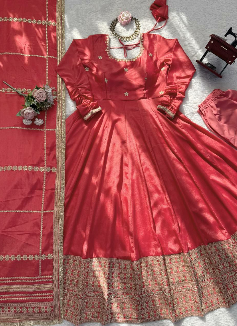 Anarkali Suit in Chinon Silk with Coding & Sequins Embroidery + Dupatta