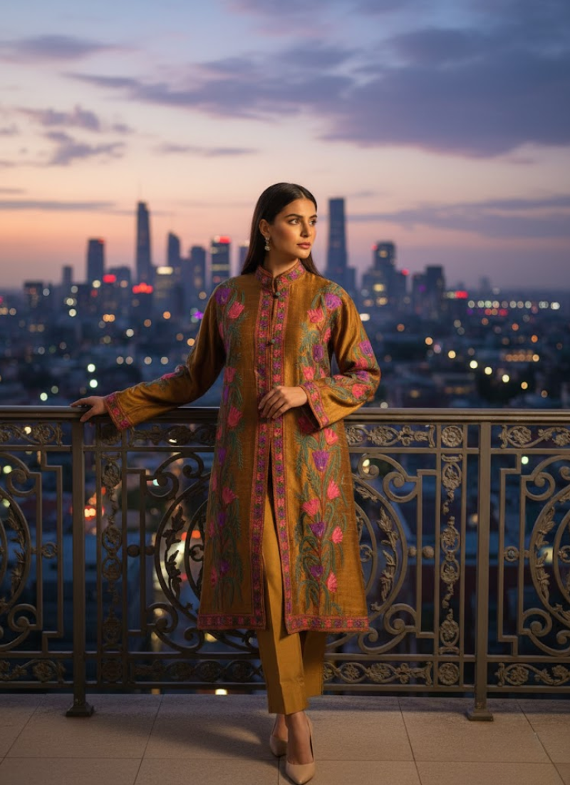 Kashmiri Raw Silk Coat – Metalik Gold Embroidered