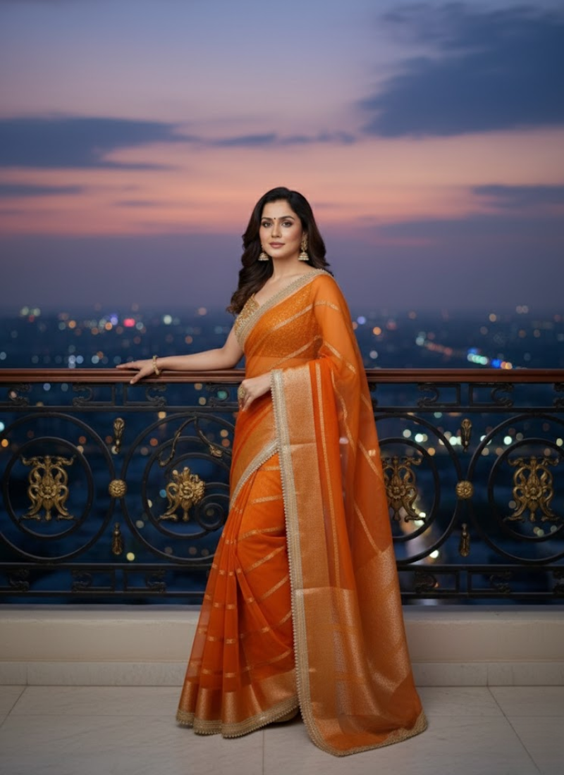 Banarasi Organza Saree with Blouse – Fanta Orange