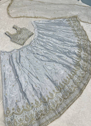 Light Grey/Silver Satin Silk Lehenga Choli with Sequins, Dori & Zari Embroidery + Net Dupatta 7