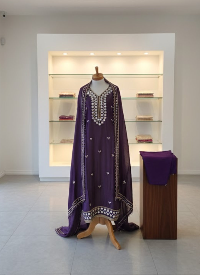 Dark Purple Silk Salwar Suit with Mirror Work Dupatta