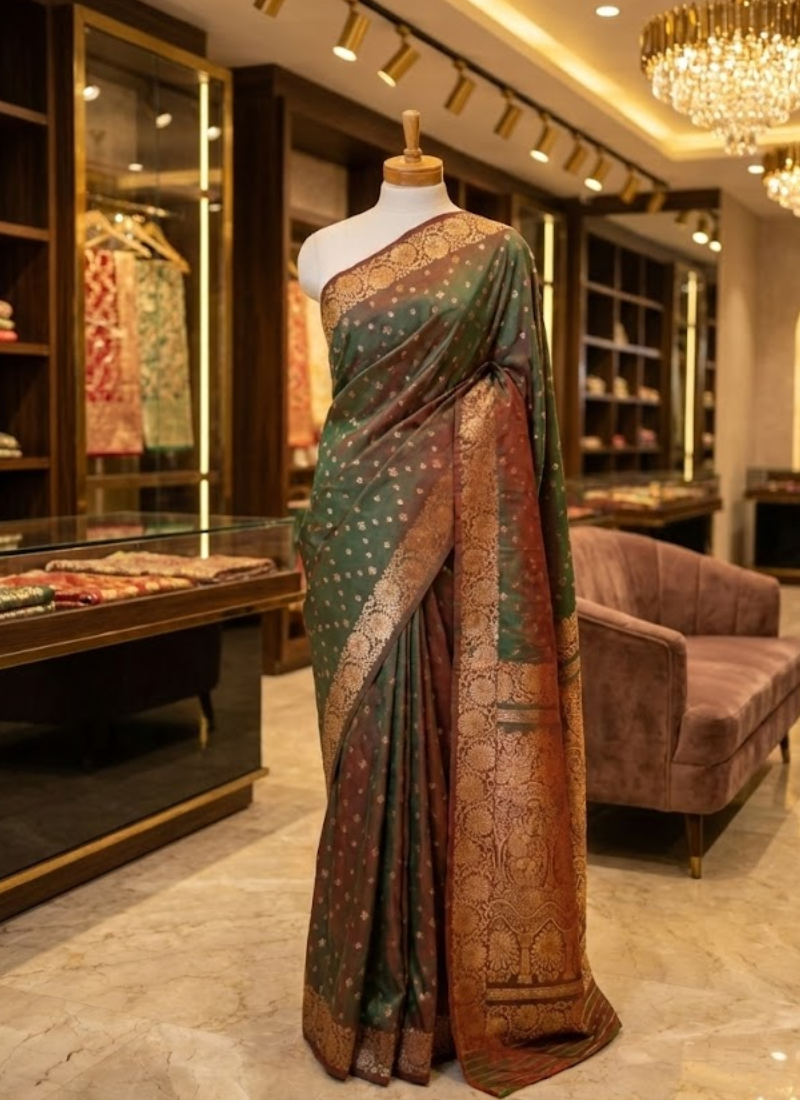 Green Katan Silk Saree with Zari and Blouse Piece