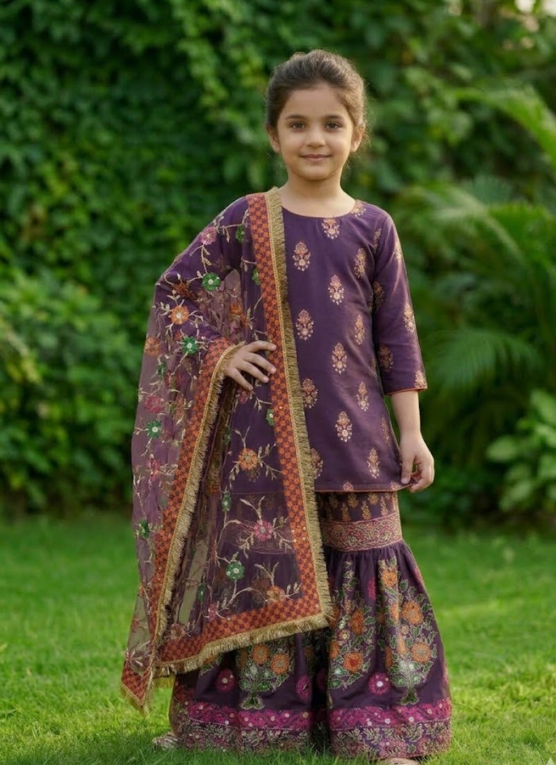 Kids Raw Silk Sharara with Block Print & Mirror Work - View 4