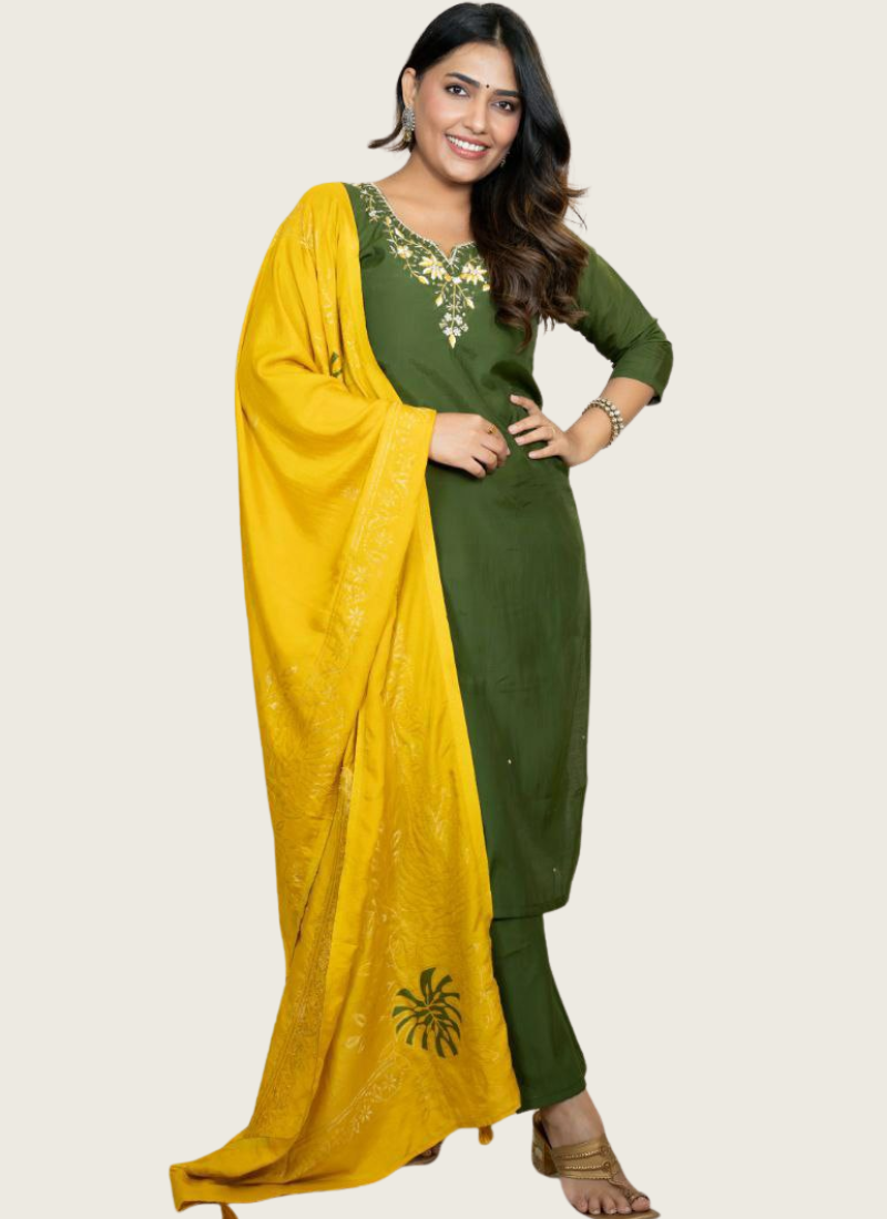 Mahendi Roman Silk Punjabi Suit with Handwork & Jacquard Dupatta | Best online store for fashion
