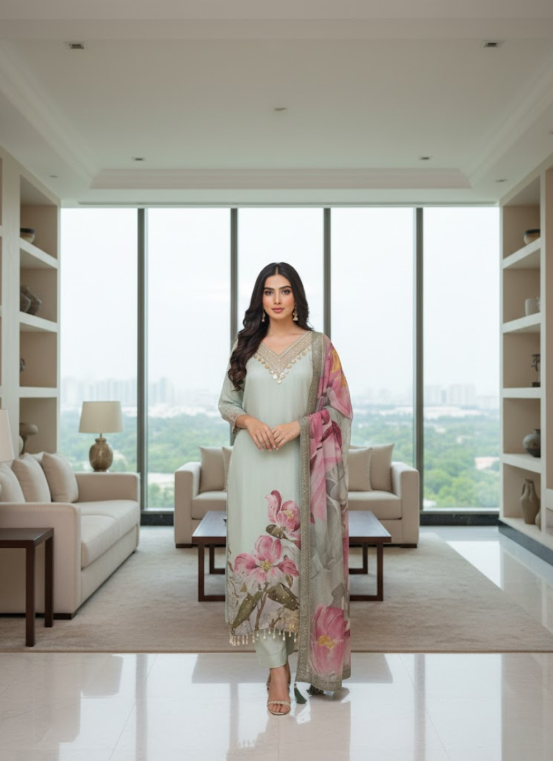 Light Purple Salwar Kameez with Embroidery & Printed Dupatta