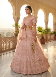 Pink Faux Georgette Bridal Lehenga Choli with Sequins & Dori Embroidery + Net Dupatta 4