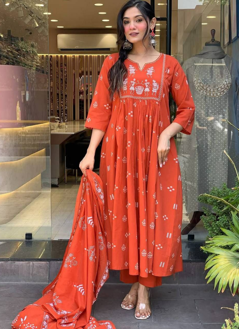 Premium Cotton Punjabi Suit with Sequins Embroidery & Khadi Dupatta