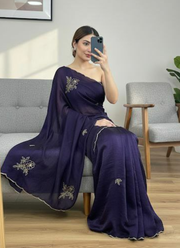 Dark Purple Silk Saree with Katdana & Pearl Handwork + Blouse Piece 7