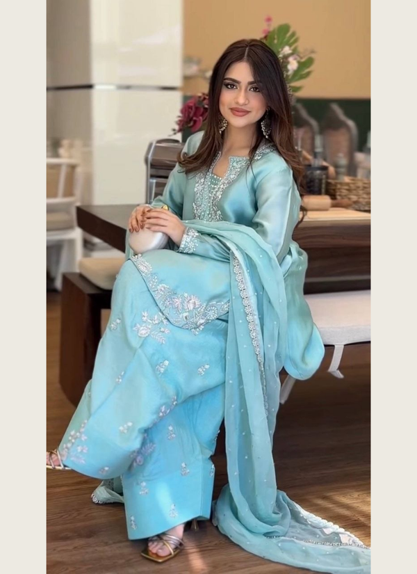 Roman Silk Palazzo Set with Organza Dupatta