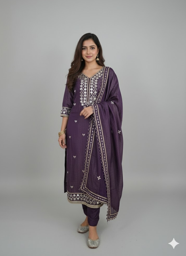 Dark Purple Shimary Silk Salwar Suit with Mirror Work