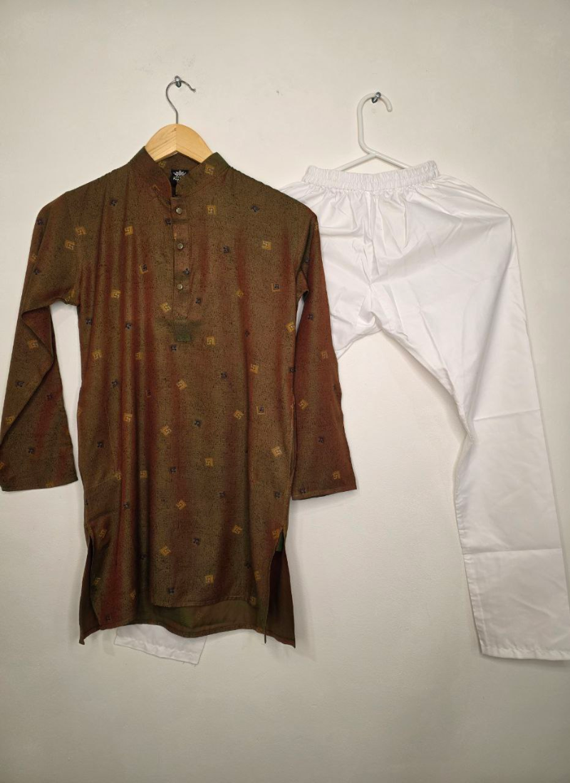 Kids Linen Kurta with White Cotton Pyjama