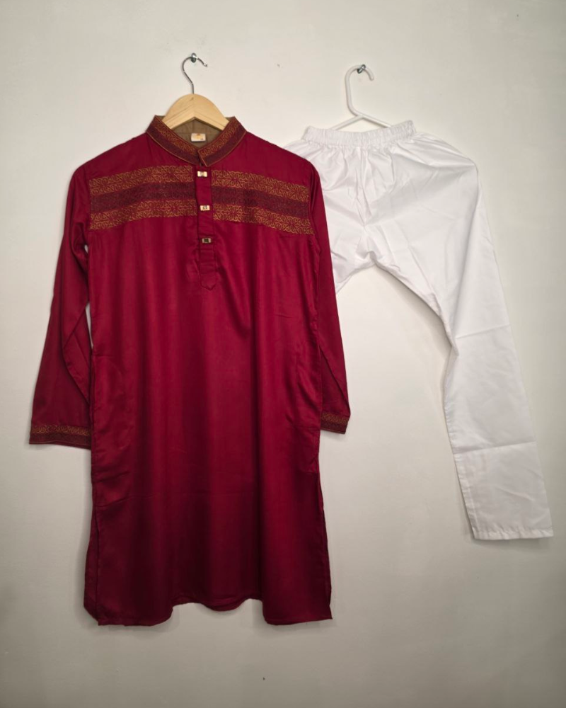 Kids Red Linen Kurta with Embroidery & White Cotton Pyjama