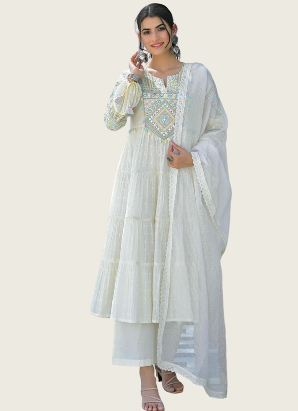 White Flex Butti Cotton Punjabi Suit with Embroidery & Kota Dupatta (Sizes S–XXL) Australia