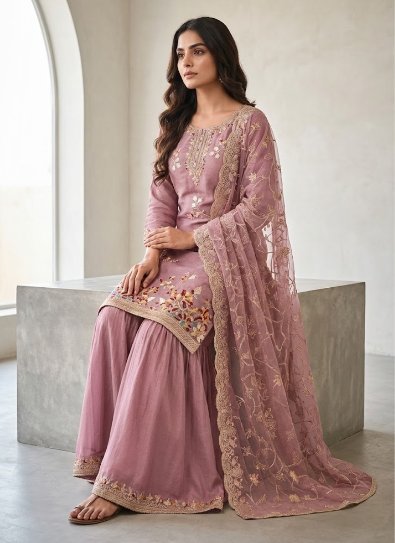 GMY Silk Sharara Suit with Sequins & Dori Embroidery + Dupatta
