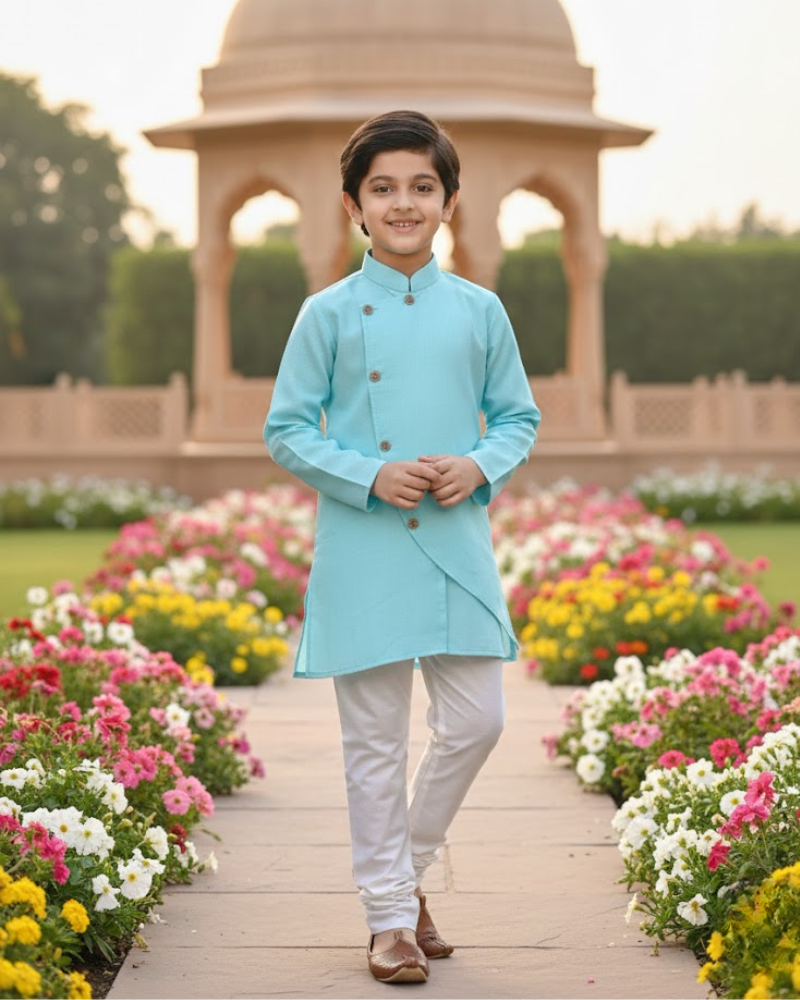 Kids Firoza Cotton Kurta with Embroidery & White Cotton Pyjama