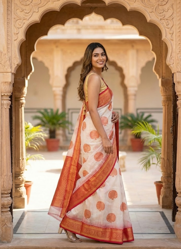Assam Silk Saree with Blouse Piece – White & Red Zari