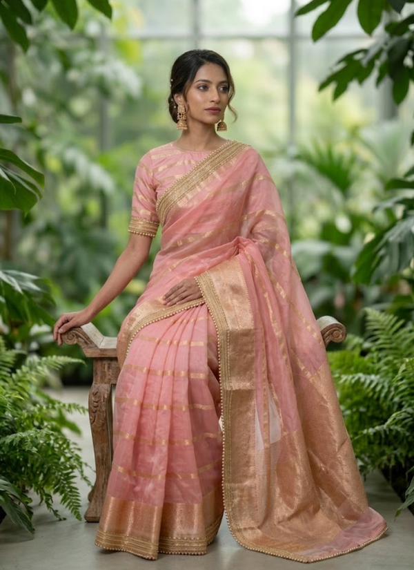 Pink Banarasi Organza Saree with Blouse Piece