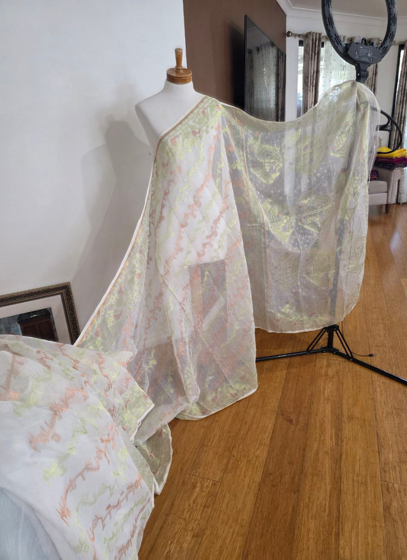 Off-White Jamdani Saree with Mari Thread Work