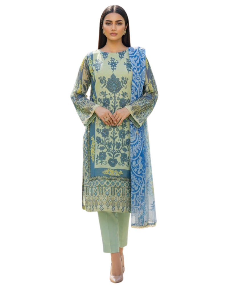Green & Blue Organza Salwar Suit – Floral Print & Pipe Work