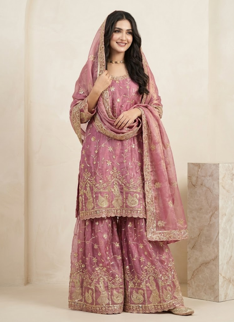 NC Moss Silk Palazzo Suit with Sequins & Zari Embroidery + Dupatta