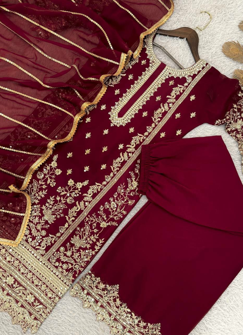 Faux Georgette Palazzo Suit with Sequins Embroidery + Dupatta