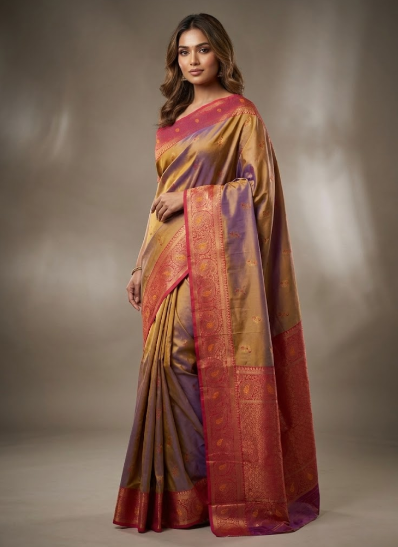Bronze Gold Katan Silk Saree – Dual Tone
