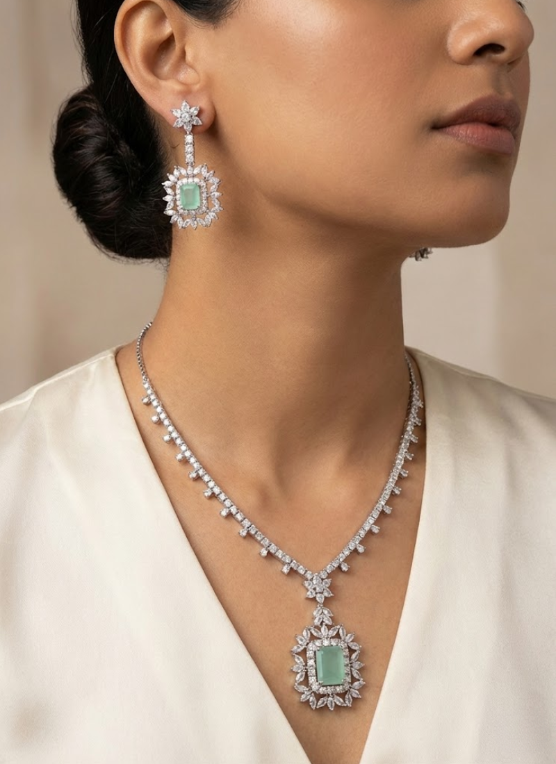 Diamond Cut Necklace & Earring Set with Blue Stone Setting