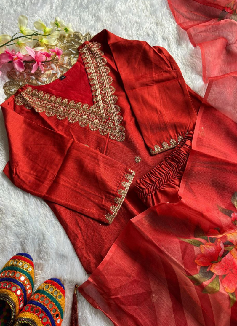 Rayon Slub Straight Punjabi Suit with Embroidery & Chanderi Dupatta