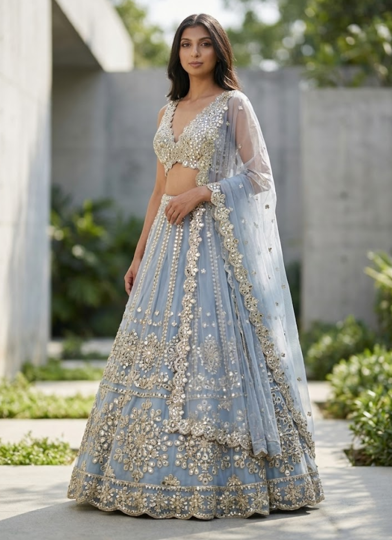 Net Lehenga Choli with Foil Paper & Zari Embroidery + Banglori Satin Blouse & Dupatta