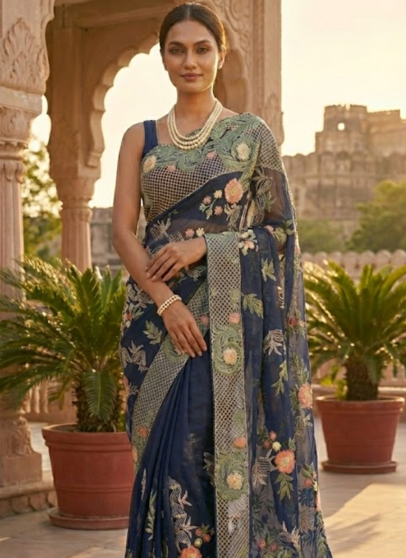 Black Maslin Saree with Floral Embroidery