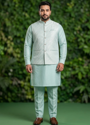 Indian Silk Kurta Pant Set with Jacquard Koti For Men 2