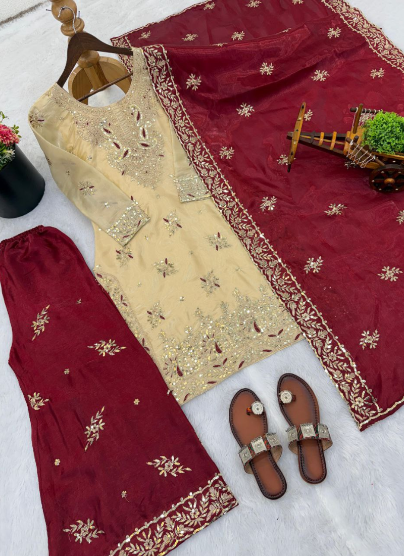 GMY Silk Palazzo Suit with Heavy Sequins Embroidery + Dupatta