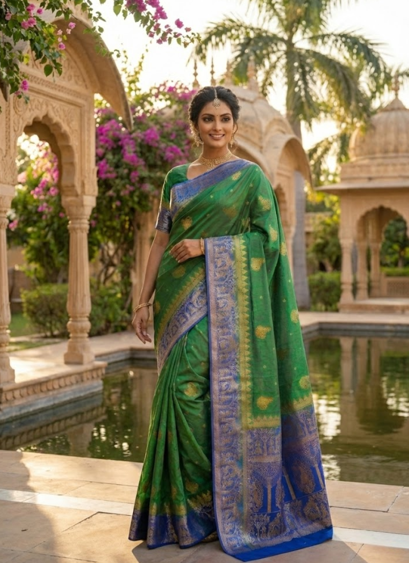 Bangalori Baluchuri Silk Saree – Green & Blue with Blouse Piece