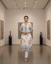 White & Orange Organza Salwar Suit – Floral Print & Pipe Work 4