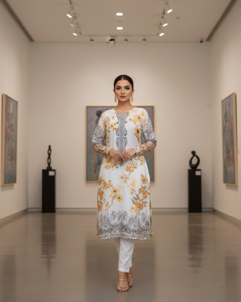 White & Orange Organza Salwar Suit – Floral Print & Pipe Work