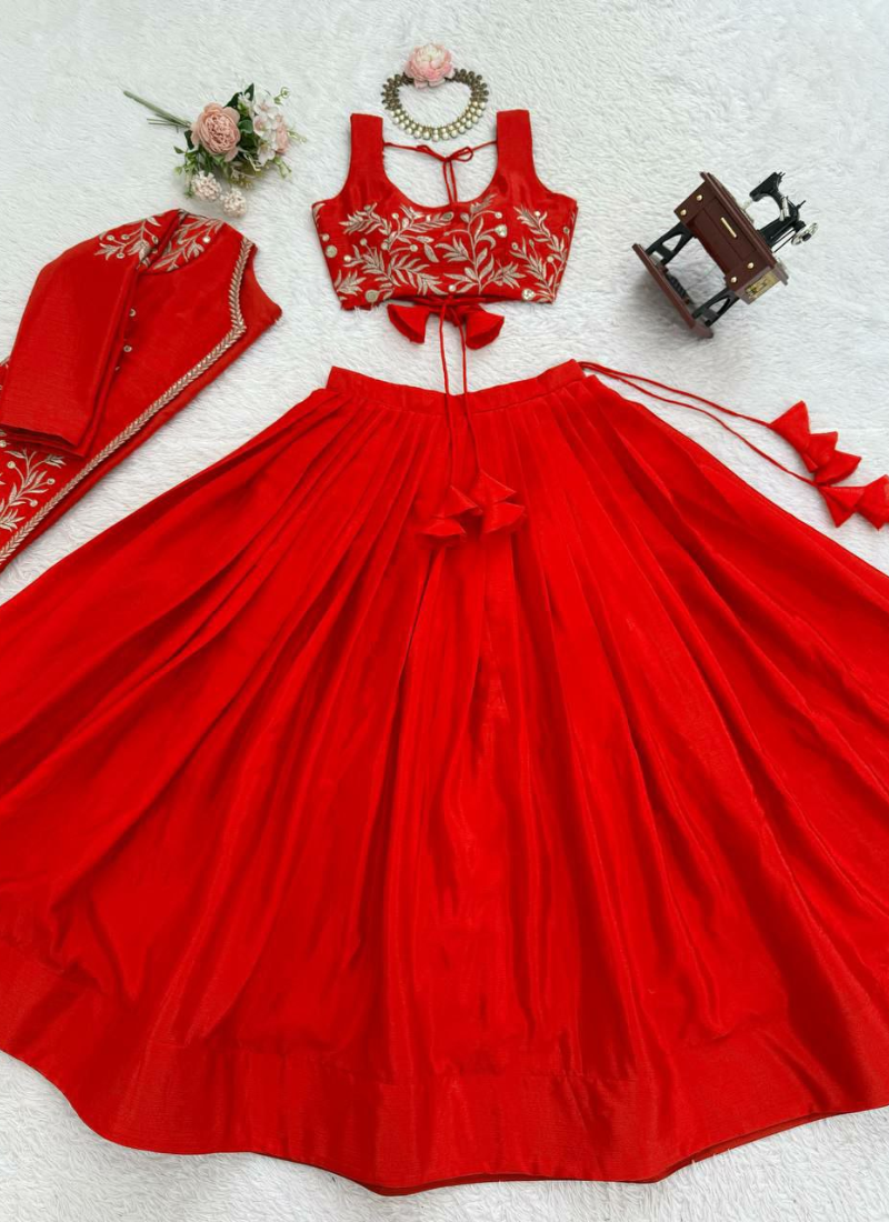 Chinon Silk Lehenga Set with Embroidered Koti